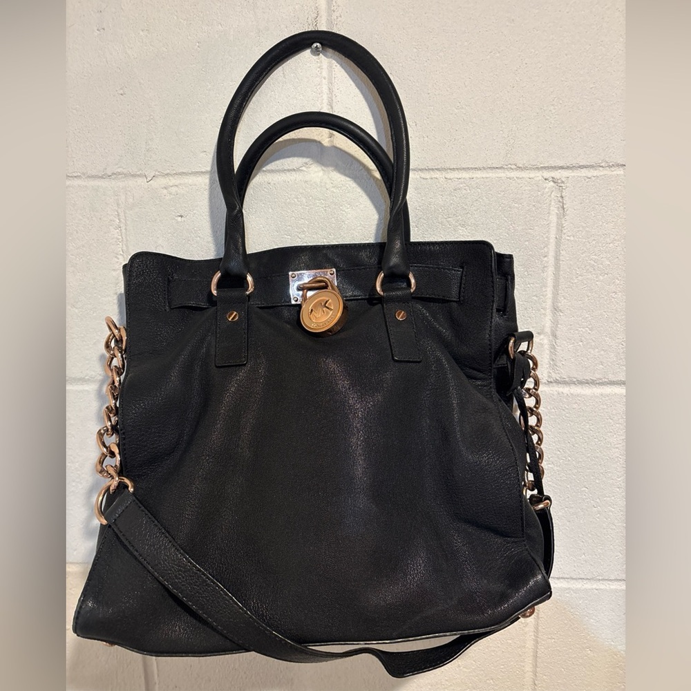 Authentic Michael Kors Hamilton Satchel Black Leather Gold Hardware - Picture 1 of 12